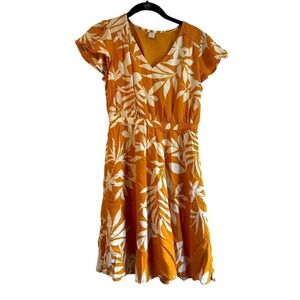 Tropical Floral Print V-Neck Summer Dress in Mustard Yellow‎ B20
